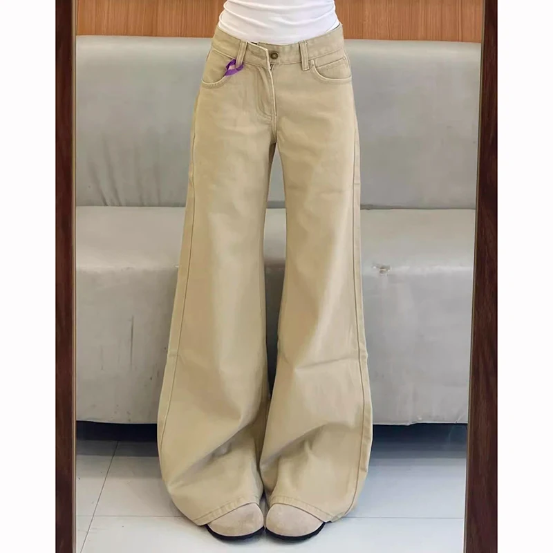 Girls Chic Khaki Low Waist Flared Jeans Women Retro Fashion Solid Denim Trousers Female Korean Thin Straight Leg Pants
