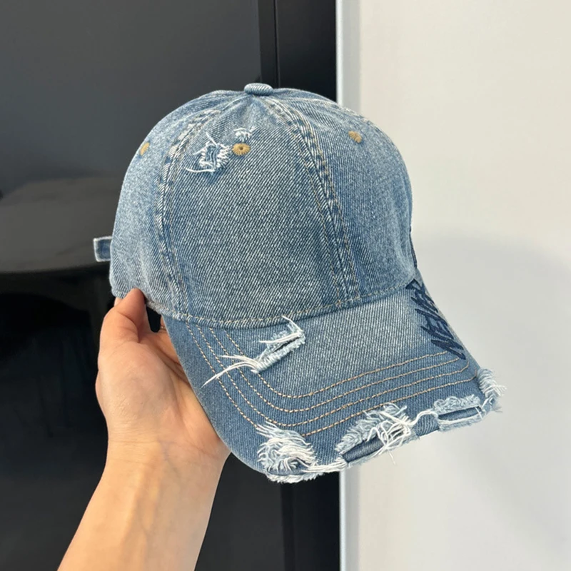 Women's Vintage Baseball Cap Washed Denim Embroidered Design Adjustable Sun Hat with Wide Brim Unisex Lightweight Outdoor Cap