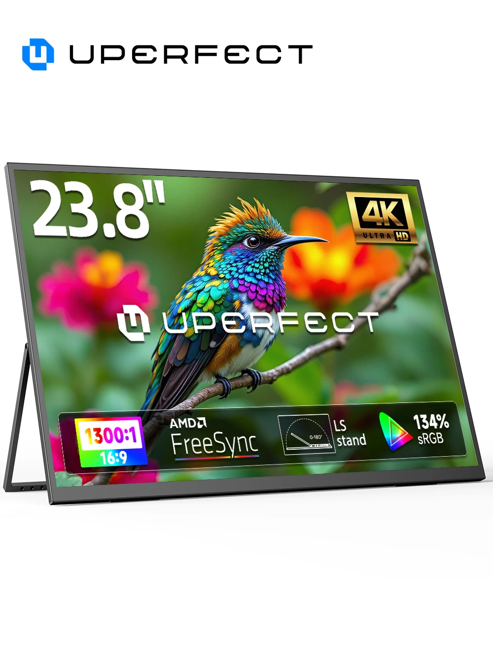 UPERFECT 23,8" 4K-Tragbarer Monitor UHD 3840x2160 134% sRGB IPS HDR HDMI USB-C Reisebildschirm für Laptop, MacBook, PC, Surface, PS5, Xbox, externes Display mit Ständer, Lautsprechern und