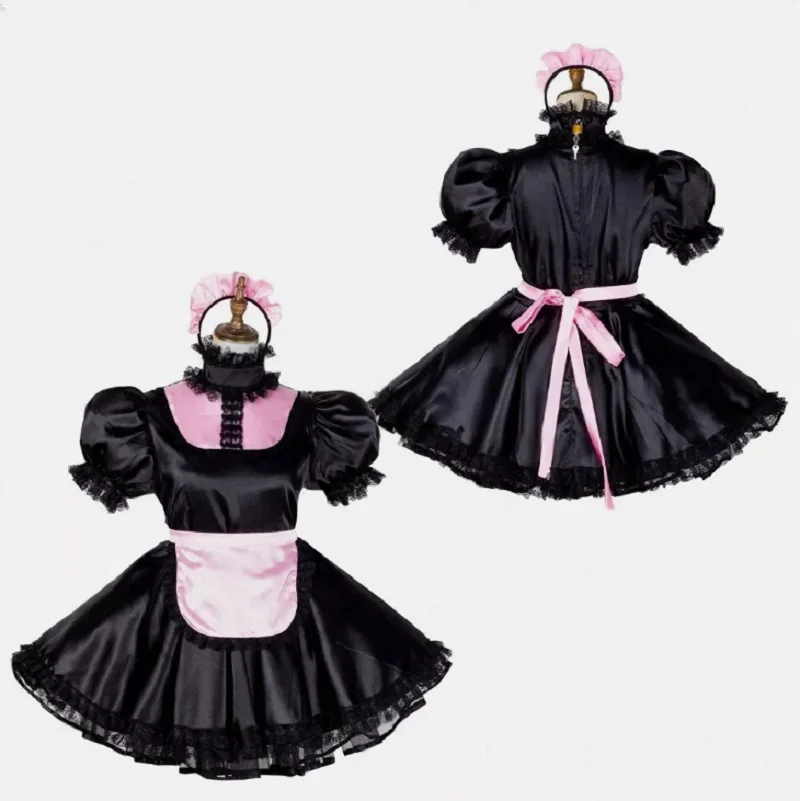 

Maid Girl Sissy Lockable Black satin Dress cosplay costumes Tailor-made