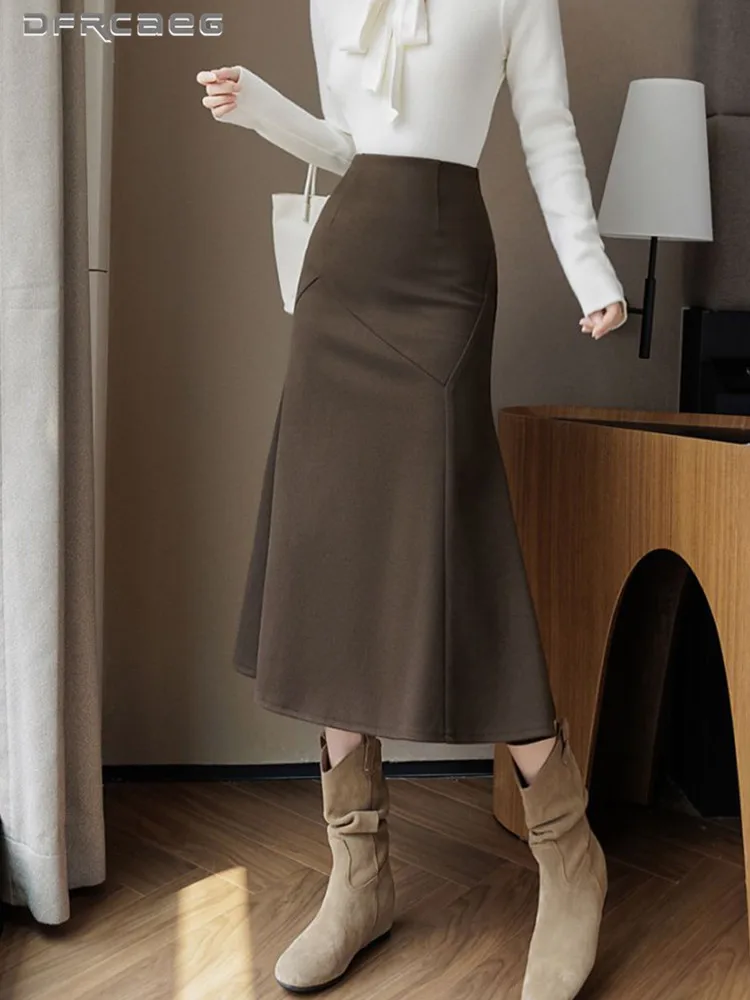 

Elegant Fashion Winter Woolen Fishtail Long Skirts For Women High Waist Retro Slim Office OL Midi Trumpet Skirt Lady