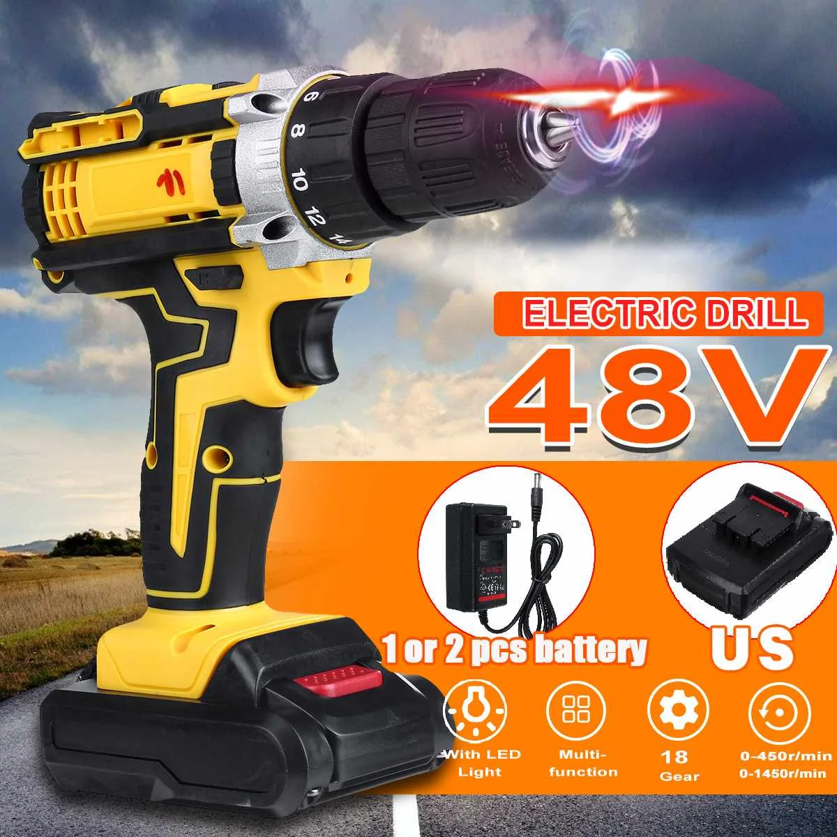 

1450RPM 48V 3 in 1 Electric Drill 25+3 Torque Electric Hammer Screwdriver Cordless Drill Driver Power Tool with 2 Batteries