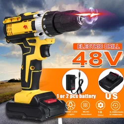 1450RPM 48V 3 in 1 Electric Drill 25+3 Torque Electric Hammer Screwdriver Cordless Drill Driver Power Tool with 2 Batteries