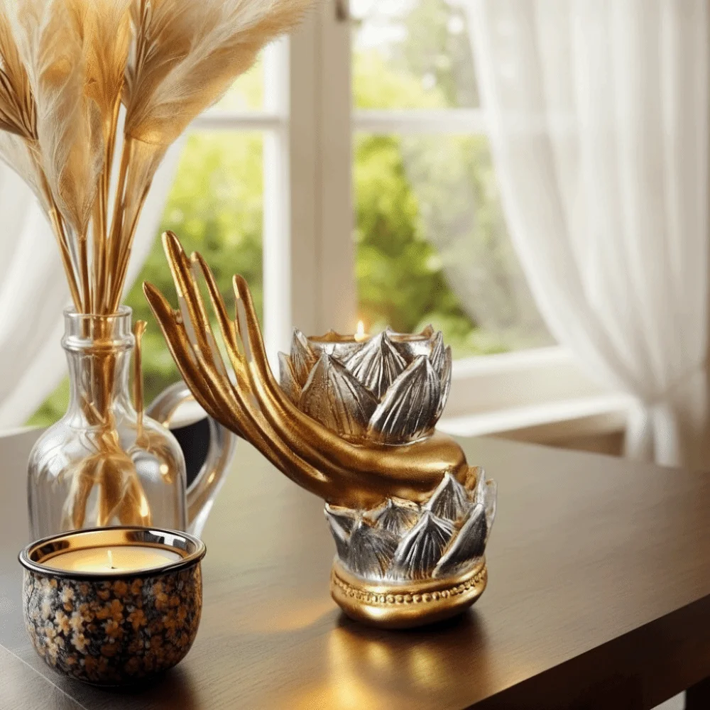 Resin Hand Shape Lotus Candle Holder Irregularity Candle Base Fairy Candle Cup Vintage Carved Lotus Candle Holder Craft