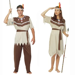 Primitive Man Caveman Native American Indian Costume for Men Women Couple Halloween Purim Thanksgiving Day Fantasia Umorden