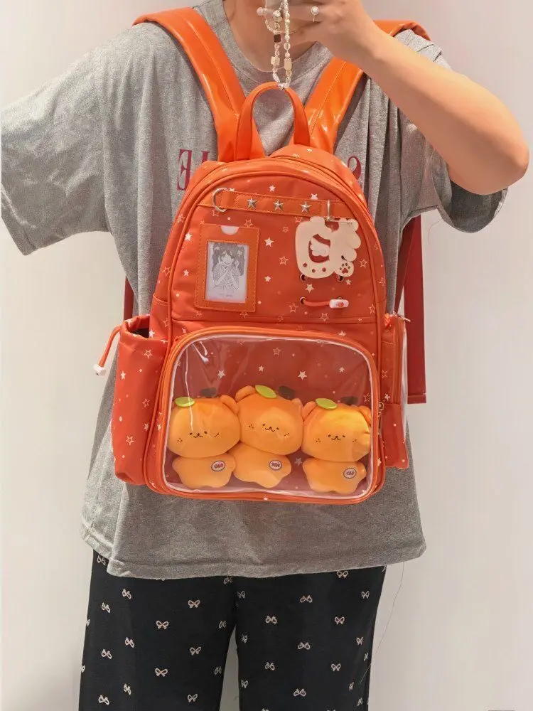 22026 New Orange Star Pain Backpack Lta Bag School Bags High School Girls Large Capacity College Style Student Backpack Female