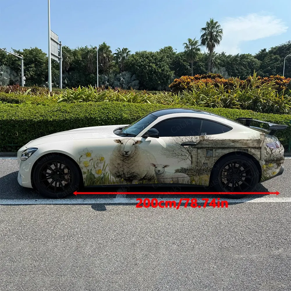 Sheep Whispers In The Flower Field Car Side Wraps, Self-Adhesive PVC Waterproof & Scratch-Resistant Stickers, Car Accessory Gift