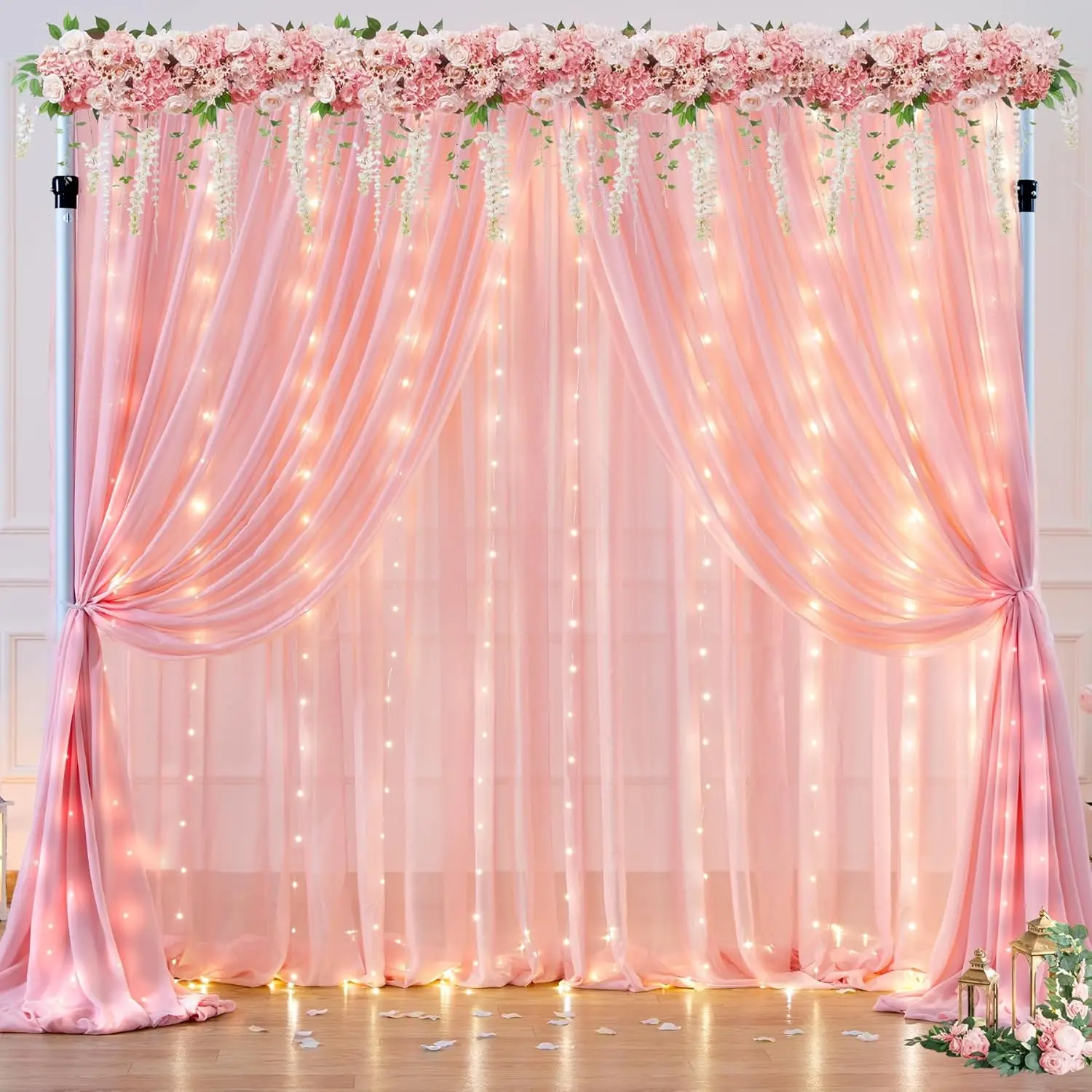 

6 Panels-5ft x 10ft Tulle Backdrop Curtain with Lights String Pink Sheer Tulle Backdrop Curtains for Wedding Birthday Party Rece