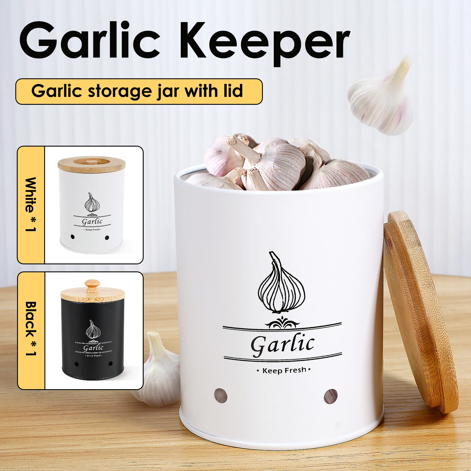 Garlic Storage Jar Food Containers Onion Potato Garlic Storage Box with Wood Lid Ventilated Garlic Storage Container for Home