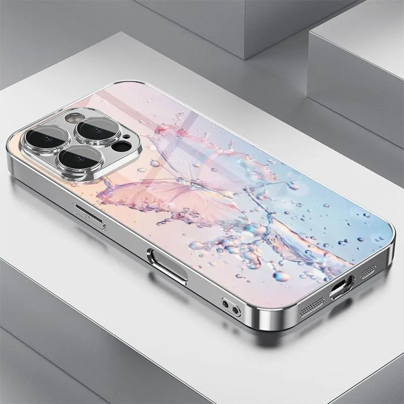 

Luxury Water Play Butterfly Pattern Glass Electroplated Phone Case For iPhone 17 16 Pro Max 15 14 Plus 13 12 11 16E 17 Air Cover