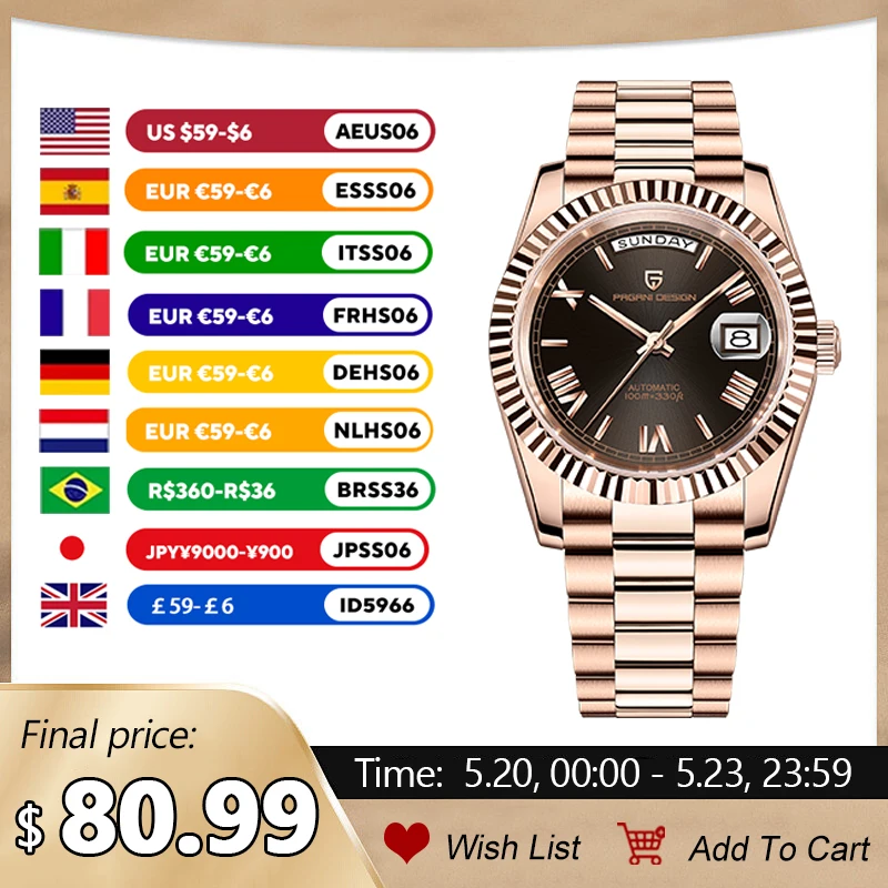 

PAGANI DESIGN DD36 Rose Gold Mens Watches Mechanical Watches For Man Automatic Watch Fashion Waterproof AR Sapphire Mirror Clock
