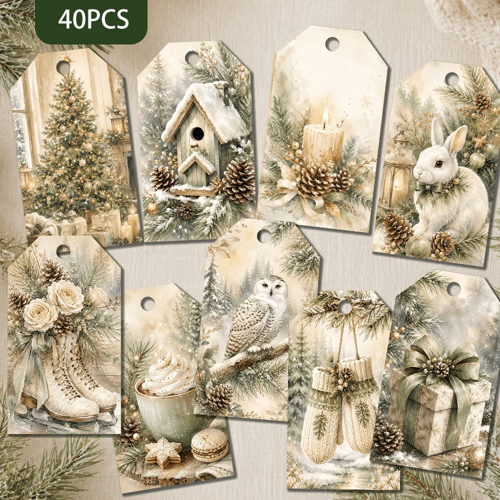 40pcs Forest Style Christmas Decorative Tags, Holiday Gift Labels, Party Decoration, Handmade Packaging Accents, Jute Rope