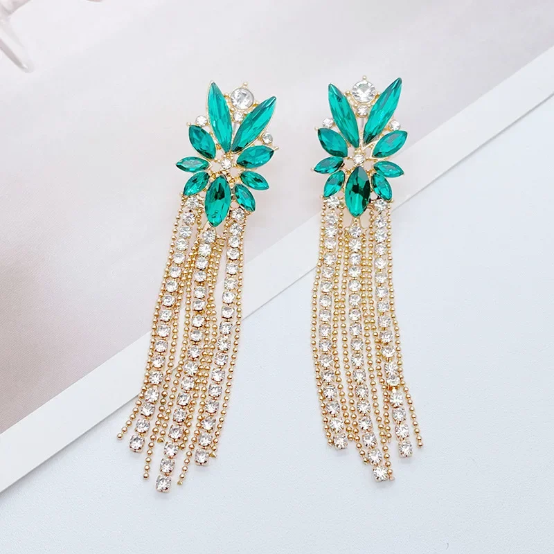 Fashion Gold Color Green Flower Rhinestone Link Chain Tassel Bohemia Long Pendant Drop Earrings for Women Party Jewelry