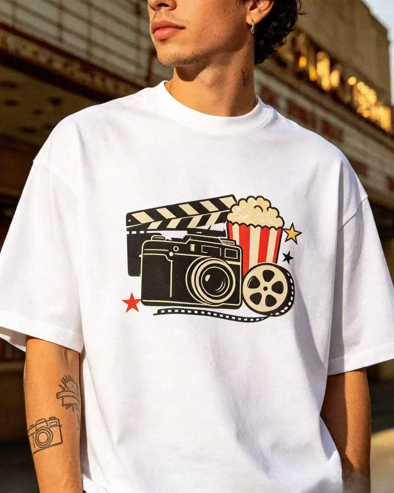 Unisex Retro Movie Camera Clapperboard Popcorn Film Reel Graphic T‑Shirt Men Women Cinema Culture Oversized Cotton Tee