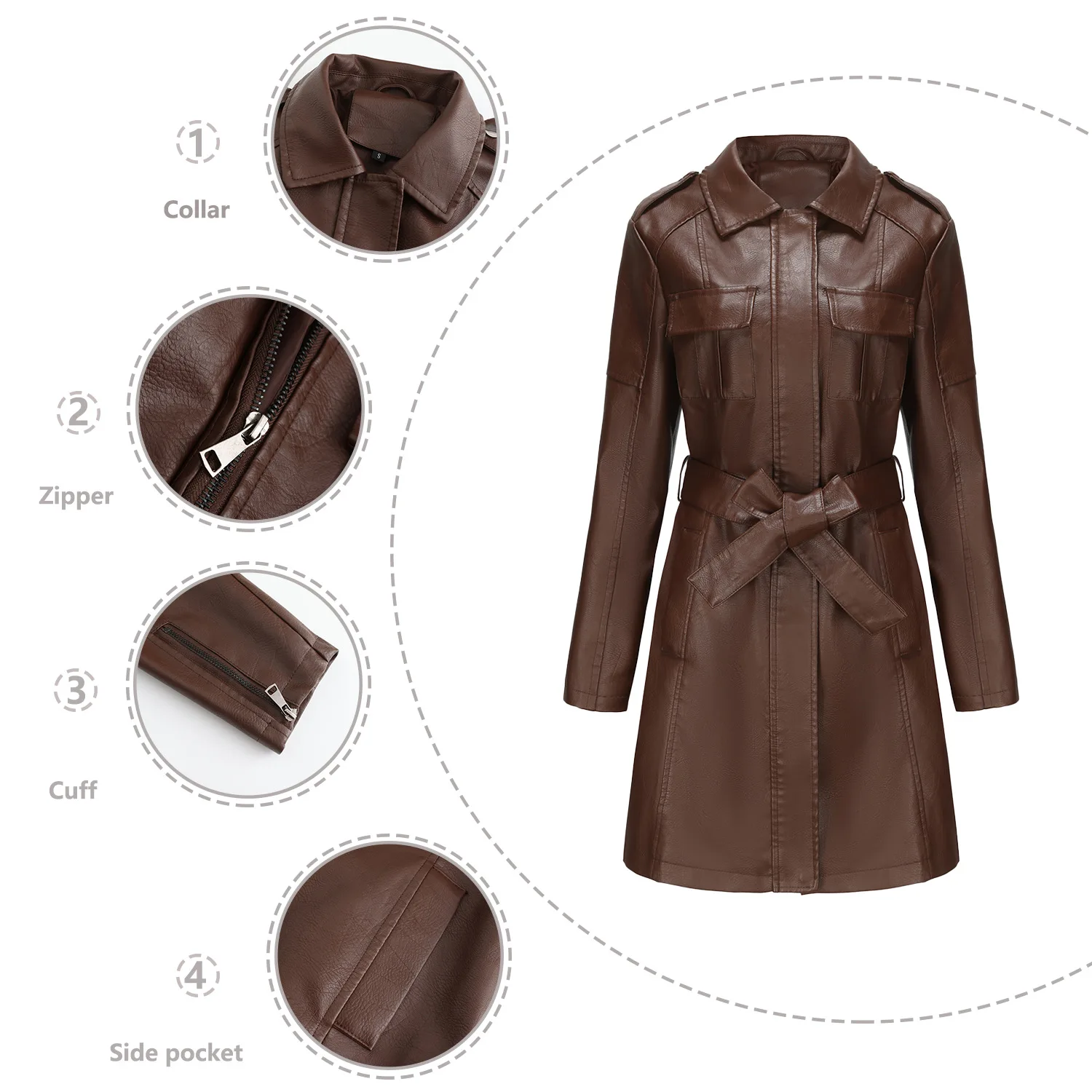 2024 New Outerwear Womens Mid-length Leather Lapel Jacket with Belt Spring Autumn Ladies Long-sleeve Trench Coat S-3XL