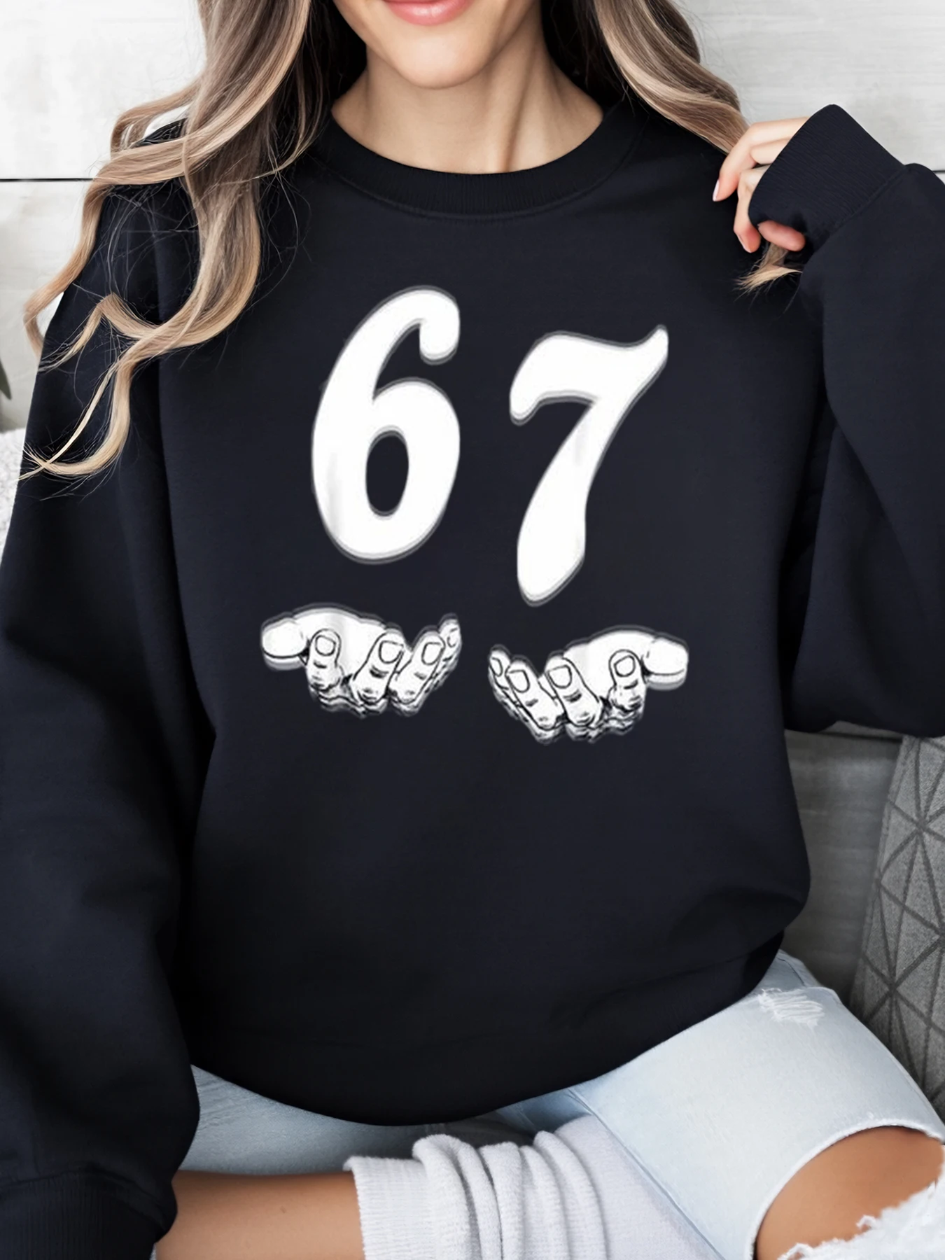 

67, толстовка с принтом рук и номером на Хэллоуин, женская повседневная одежда для вечеринок, черная, больших размеров
