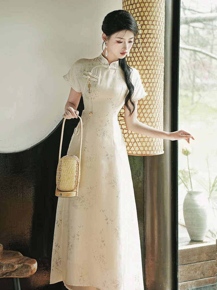 

Новое летнее платье-ципао для девочек в китайском стиле, ретро, из смесового хлопка, с высоким разрезом, коротким рукавом, цветочным принтом, для повседневной носки