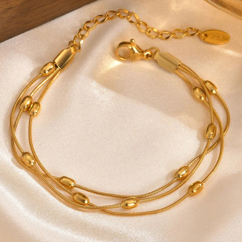 Multilayer Round Beaded Snake Chain Bracelets, Gold Plated Waterproof Adjustable Stainless Steel Link Women Jewelry