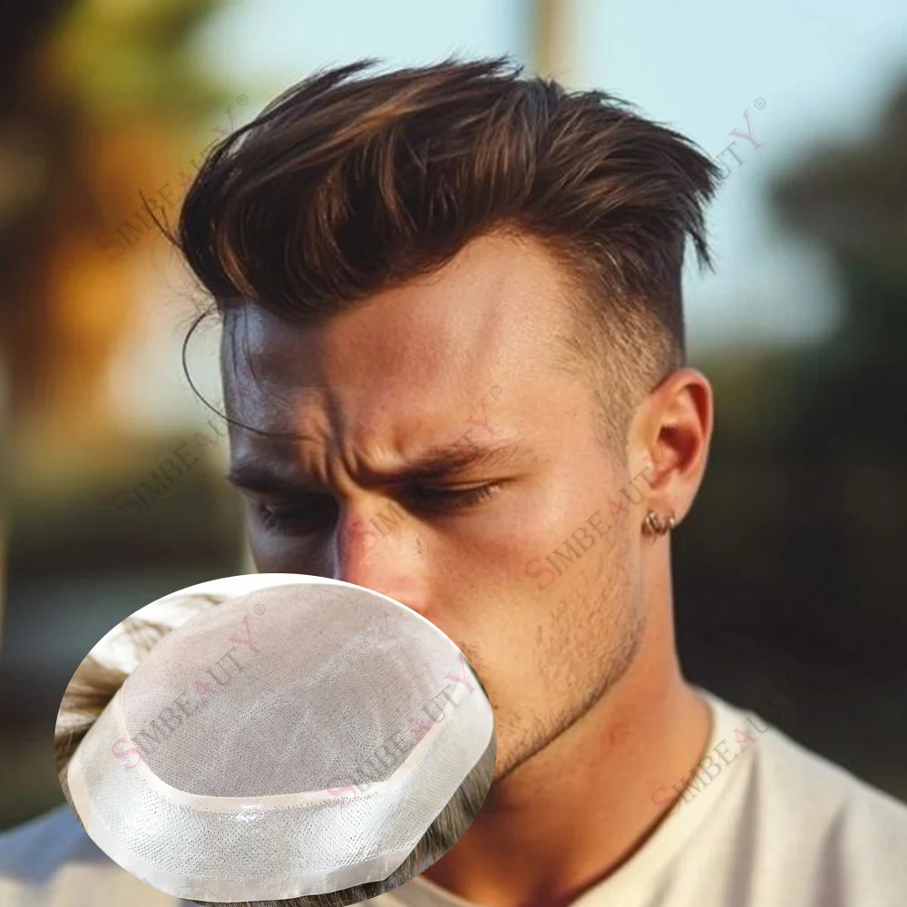 شعر مستعار Vloop متين بشبكة سويسرية من الدانتيل السويسري والبولي يوريثان للرجال أشقر فاتح وأسود # 4 شعر بشري صناعي قابل للتنفس #1