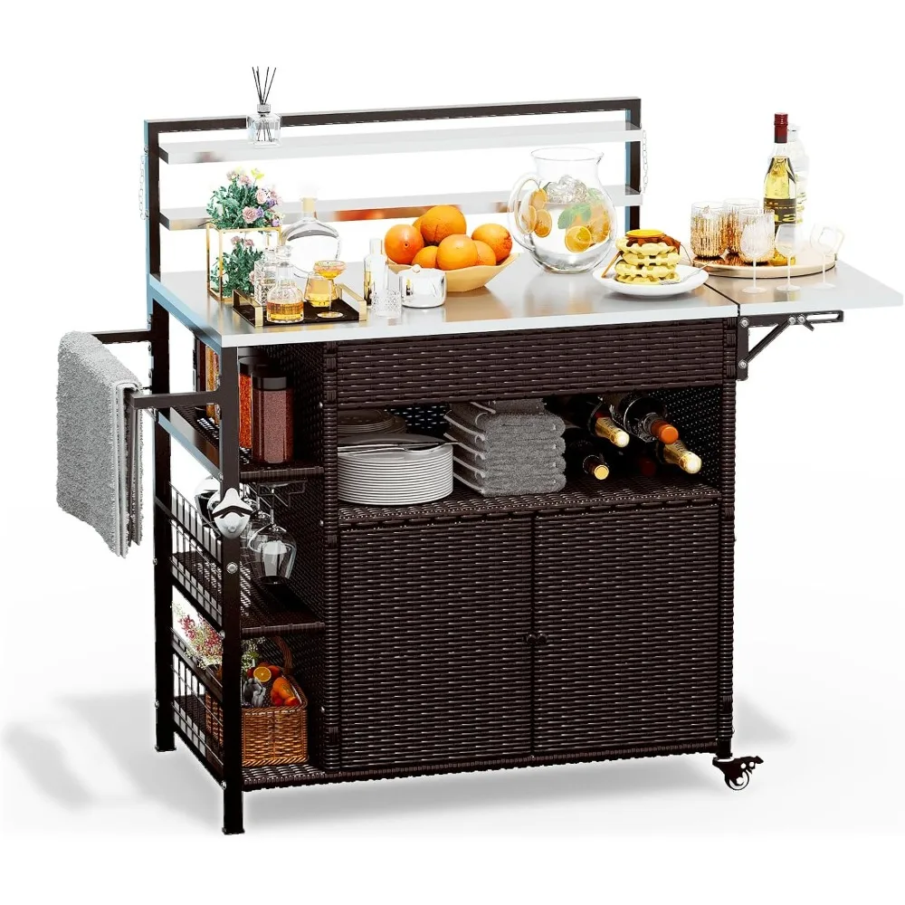 

60'' outdoor grill cart with storage, patio kitchen island on wheels&spice rack, wicker outdoor grill cart with extended stainle