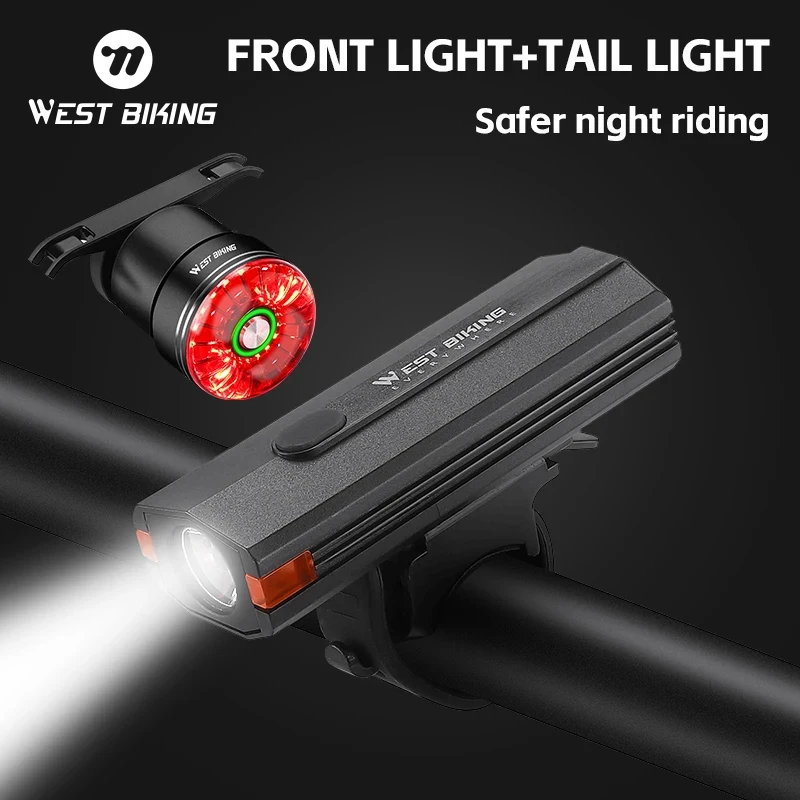 WEST BIKING Bike Light Set MTB Road Cycling Light Waterproof 400LM Bicycle Headlight + Smart Rear Light Auto Brake Sensing