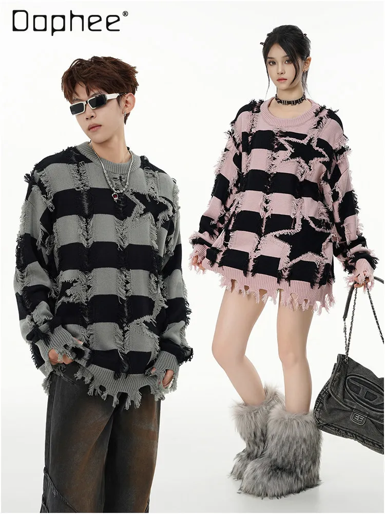 

Autumn Winter New High Street Striped Men's Black Gray Casual Round Neck Sweater Pink Star Versatile Loose Sweater