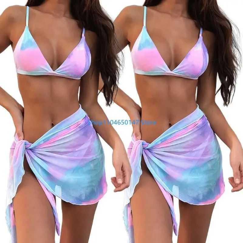 Womens Sexy 3pcs Set V-Neck for Triangle Cup Brazilian Swimsuit with Sarong Wrap Skirt Rainbow Tie-Dye Bathing