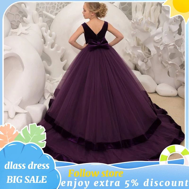 Vestido florido longo clássico para meninas, elegante em camadas, sem mangas, decote em v profundo, bonito com laço, concurso de aniversário, vestidos de baile 2024