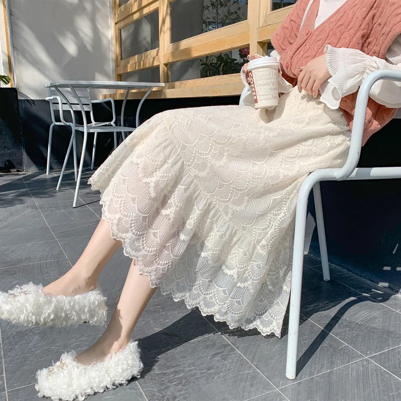 

2024 Women Spring Autumn New French Lace Solid Color Skirts Female High Waist A-line Skirt Ladies Long Loose Casual Skirts B183