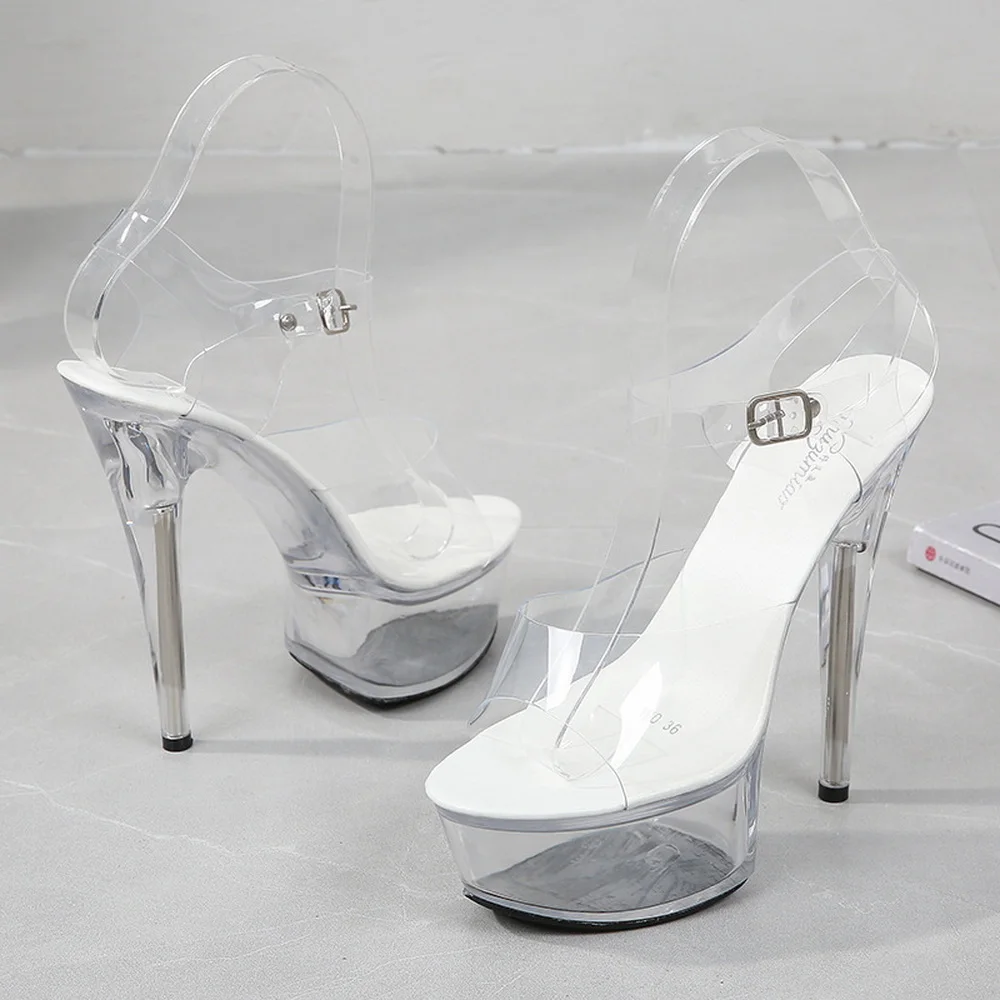 2026 New 15cm High Heeled Sandals,Crystal PVC Platform Summer Shoes,Open Toe,Ankle Buckle Strap,Size 34-43,White,Silver,Dropship