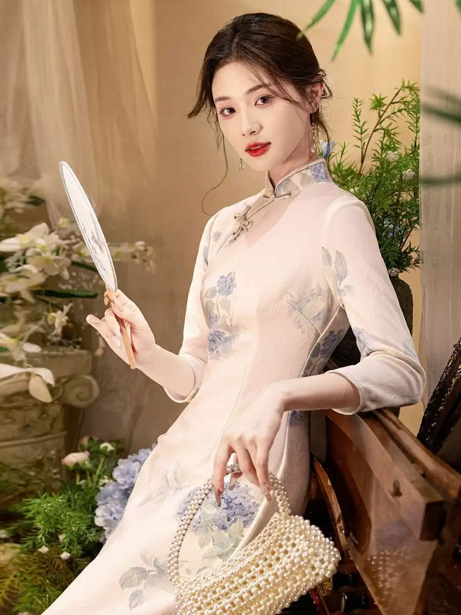 فستان تشيباو طويل للفتيات بنقشة الزهور، إصدار جديد للخريف، ملابس يومية محسنة، زي أنيق للسيدات