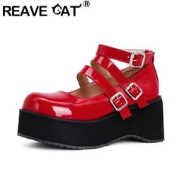 REAVE CAT 2021 Thick Janes Round Toe Platforms Ankle Buckle Strap 7cm Chunky Heel US17 Black White Red A4353