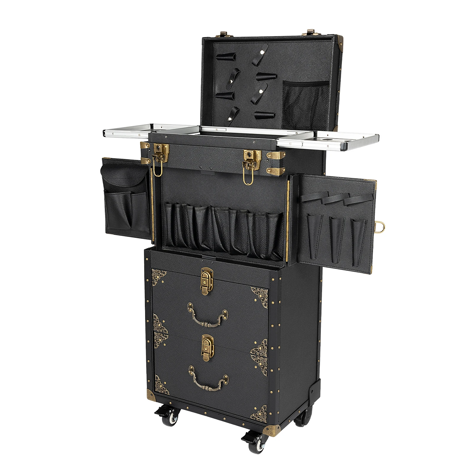 Rolling Lockable Makeup Train Case Hairdressing Trolley Stylist Beauty Salon Travel Organizer with Hair Dryer Holder