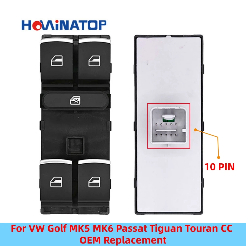HOWINATOP 5ND959857 10Pin Power Window Master Switch Chrome Trim Red Backlight For VW Golf MK5 MK6 Passat Tiguan Touran CC