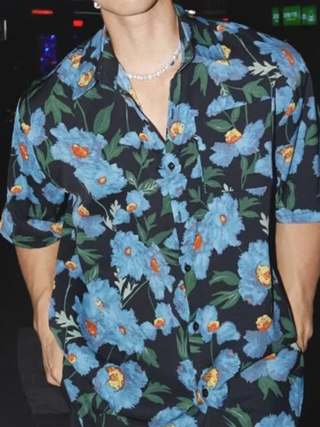 

Loose Short Sleeve Men's Hawaiian Beach Print Shirt Ice Silk Chiffon Casual Style Summer Fashion Breathable Comfortable Linen...