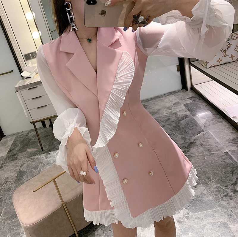 

Spring Autumn New Elegant Sexy Lotus Leaf Edge Stitching Pearl Buckle Slim Lapel Suit Dress Women Sweet Long Sleeve Blazer Dress