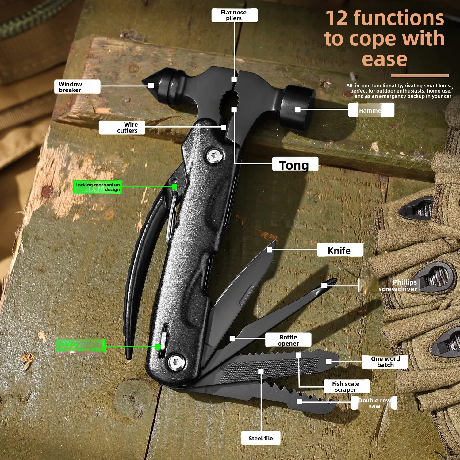 Stainless Steel Claw Hammer Outdoor Multifunction Tent Peg Hammer Emergency Car Window Breaker Camping Survival Rescue Tool