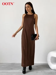 OOTN Summer Satin Brown Dress Women 2024 Elegant O-Neck Solid Straight Dresses Fashion Sleeveless Sexy Long Dress Female Vintage