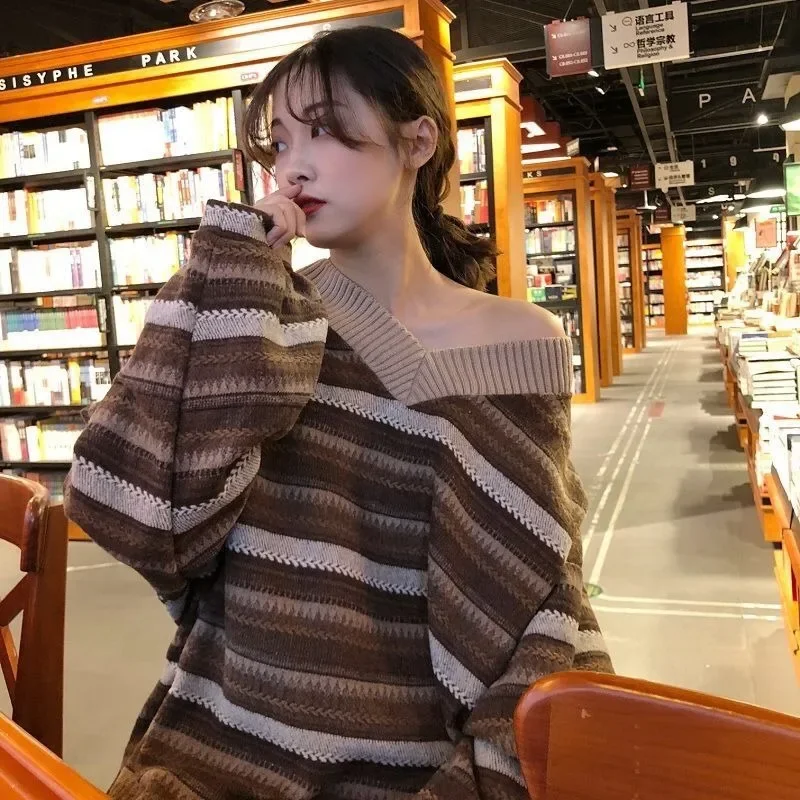 PTKPCC New Autumn-winter Retro Jumper Harajuku Oversized Loose Sweater V Neck Stripe Pullover Sweater