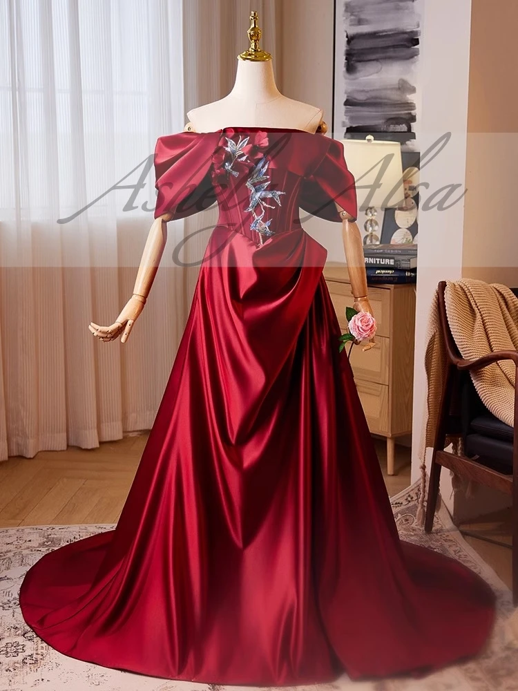 Custom Made Wine Red 100% Real Picture Women Evening Dress For Wedding Party Off Shoulder Satin A Line Long Prom Formal Wear