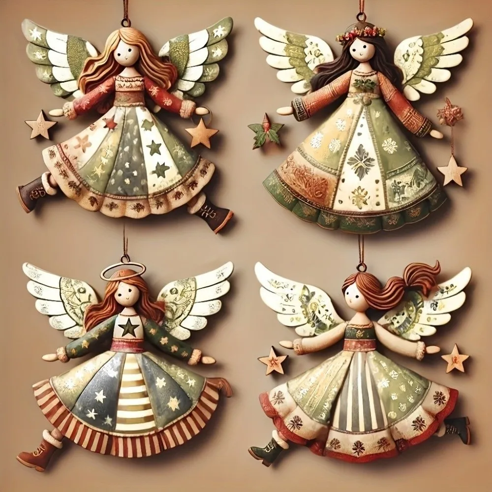 

Angel Doll Wooden Ornaments Christmas Tree Pendant Cute 2D Planar Creative Retro Xmas Tree Decor Christmas Decor