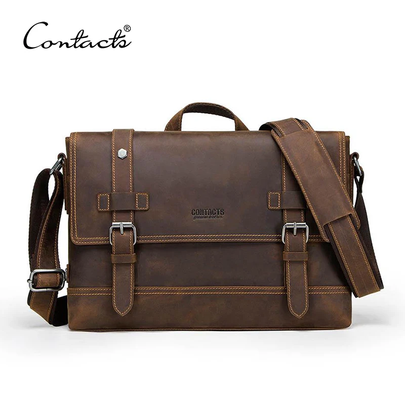 CONTACT'S crazy horse męska torba ze skóry naturalnej vintage man shoulder bags for laptop messenger bags male bolsa