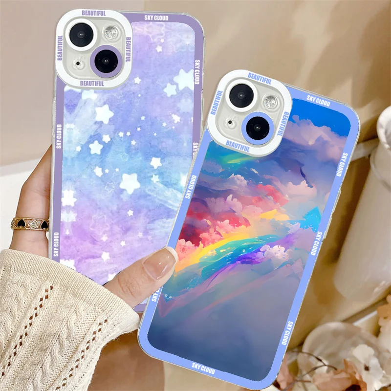 Clouds Star Moon Phone Case For Samsung Galaxy A15 A14 A34 A54 A55 A35 S24 S23 S22 Ultra 5G S21 FE Plus Note 20 Clear Back Cover