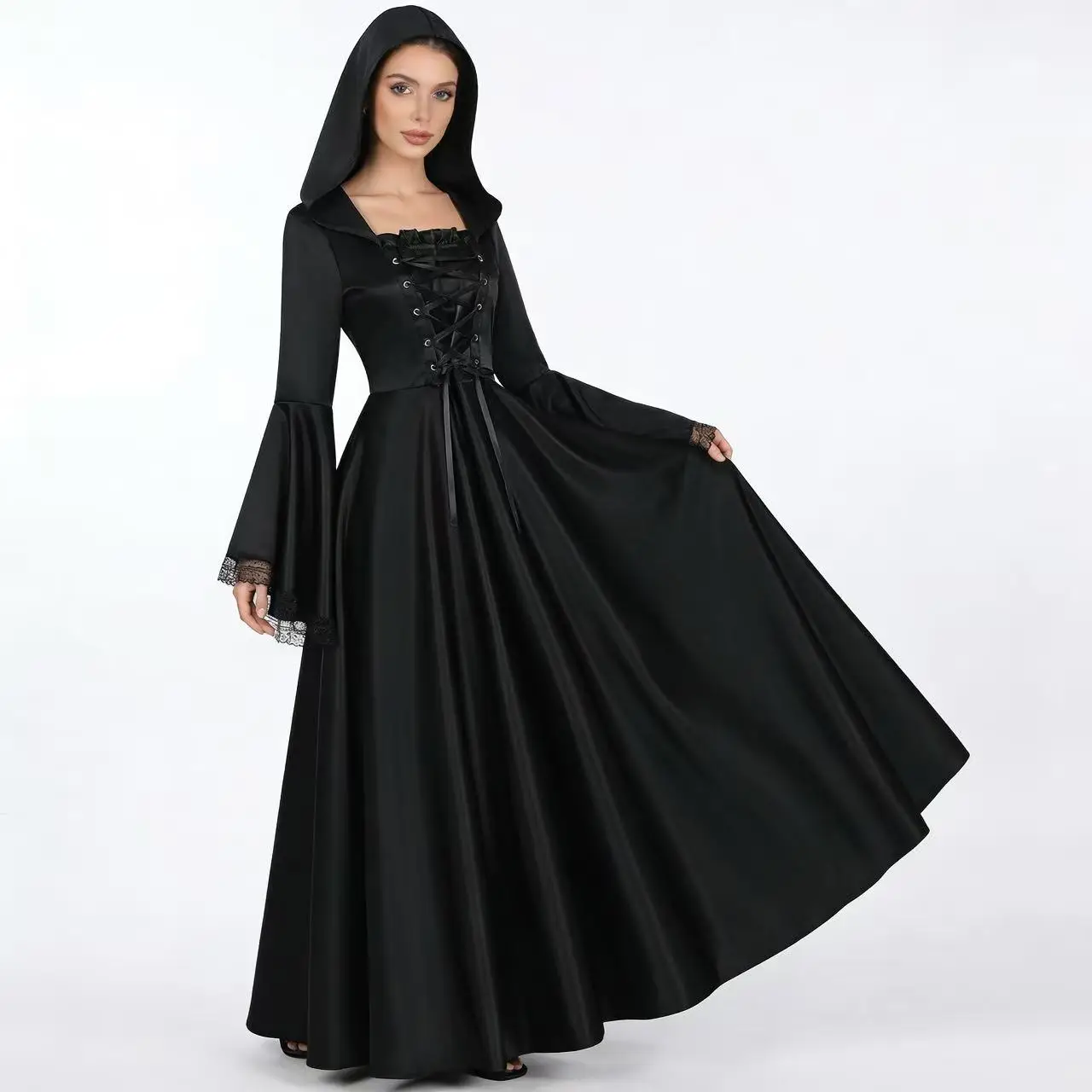 

Средневековый готический костюм для косплея: длинное платье с капюшоном, большие размеры, для Хэллоуина в стиле Ренессанс