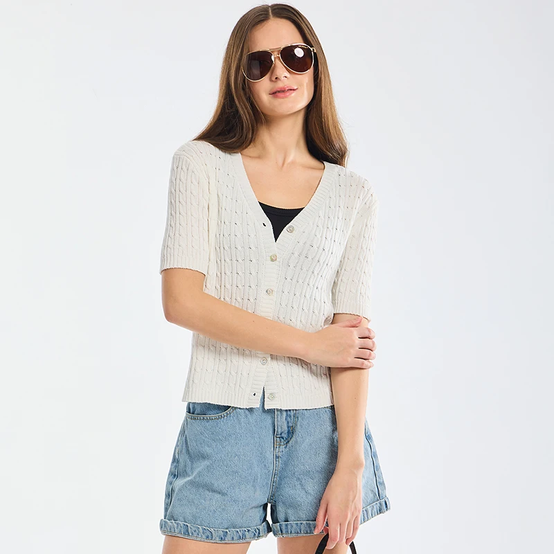 Summer Thin Cardigan for Women Solid Cropped Cardigans Button V Neck Short Sleeve Knitted Tops Brown Slim Sweater Spring 2024