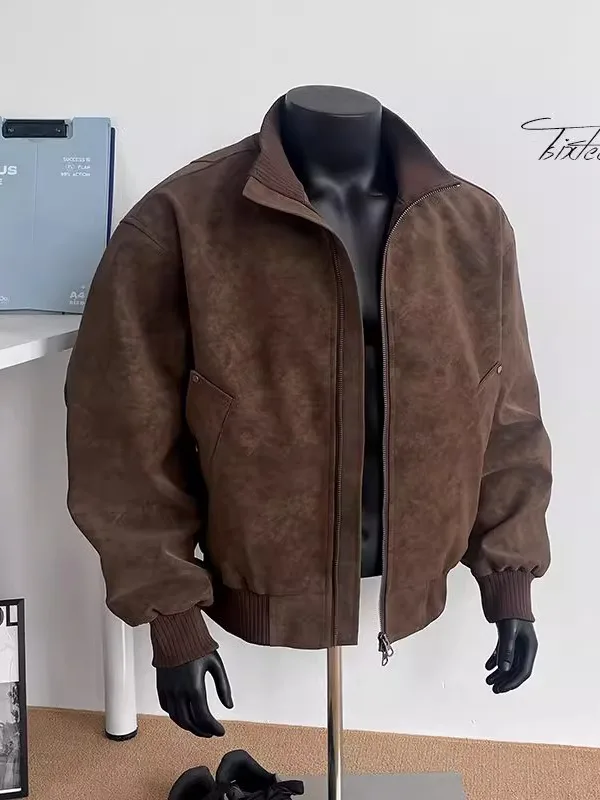 

Мужская демисезонная куртка большого размера в американском ретро-стиле из искусственной кожи с воротником-стойкой, свободного кроя, повседневная верхняя одежда