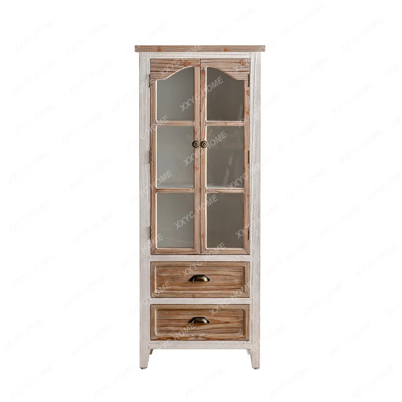 XX retro solid wood bookcase floor-to-ceiling glass door home living room side cabinet high cabinet