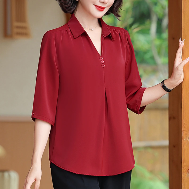 Female Clothing Plus Size Commute 3/4 Sleeve Blouse Solid Color All-match Spring Summer Lapel Stylish Korean Shirt