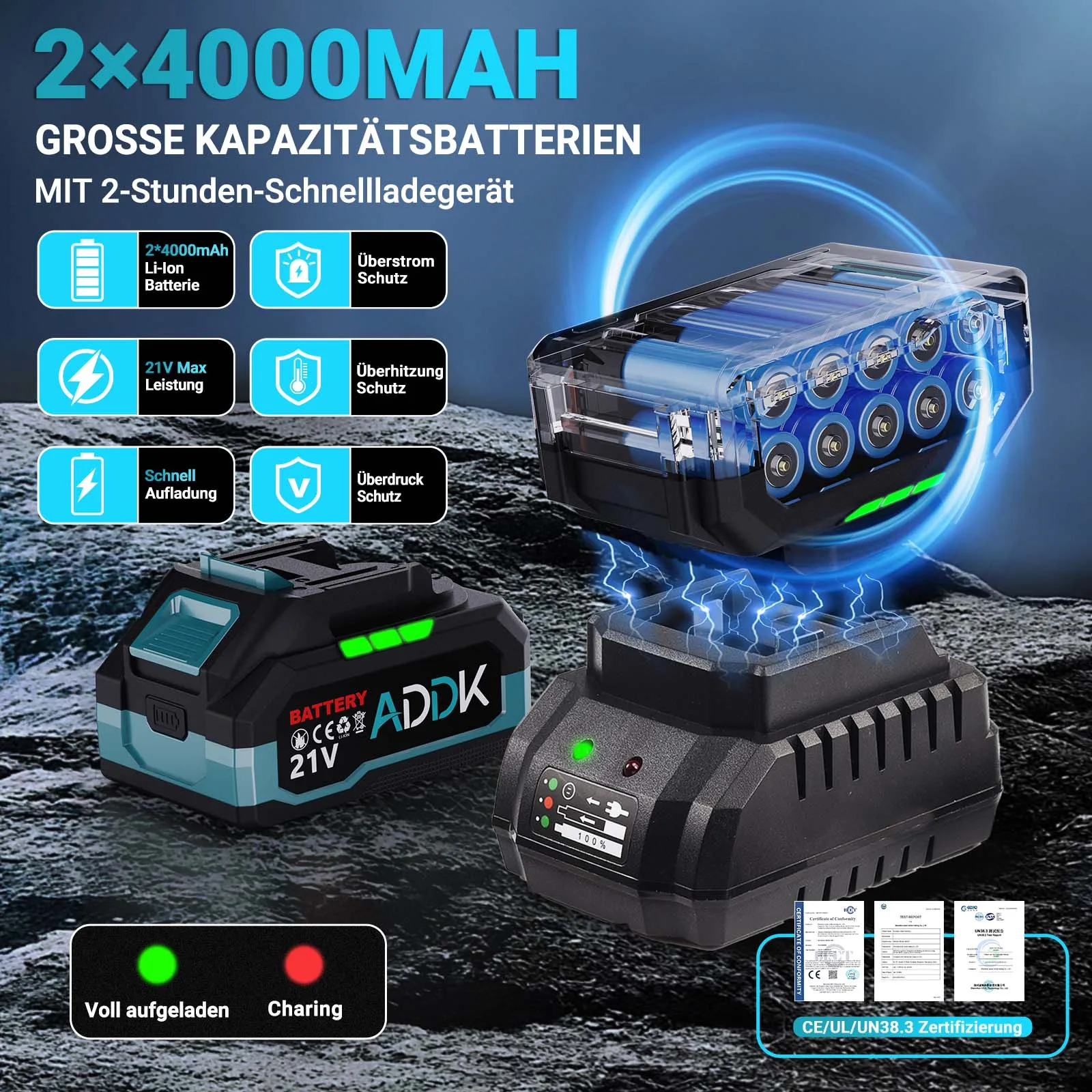 مجموعة مثقاب مطرقة لاسلكية OBBGGNT 2.1J، محرك بدون فرشاة 21 فولت، سرعة 1500 دورة في الدقيقة، مثقاب كهربائي بدون فرش 600 وات مع بطاريات 2 × 4.0 أمبير في الساعة