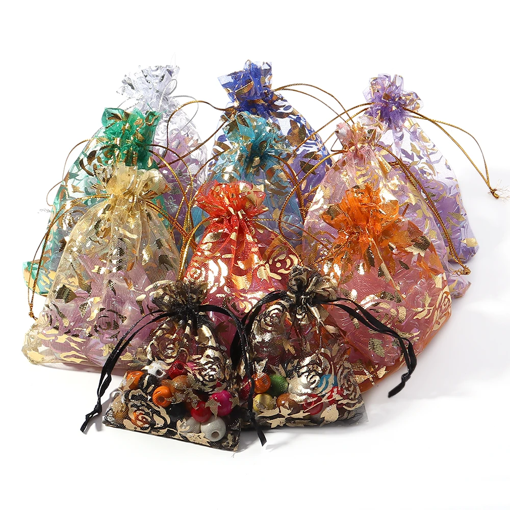 10Pcs/Lot Colorful Drawstring Organza Gift Bag Hot Gold Color Rose Print Pouches Wedding Christmas Party Candy Ornament Packing view 6